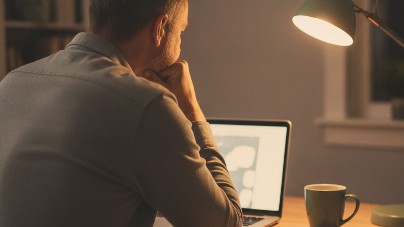 Man resting his chin on his fist while working at a laptop in the evening, a posture that adds load to the jaw