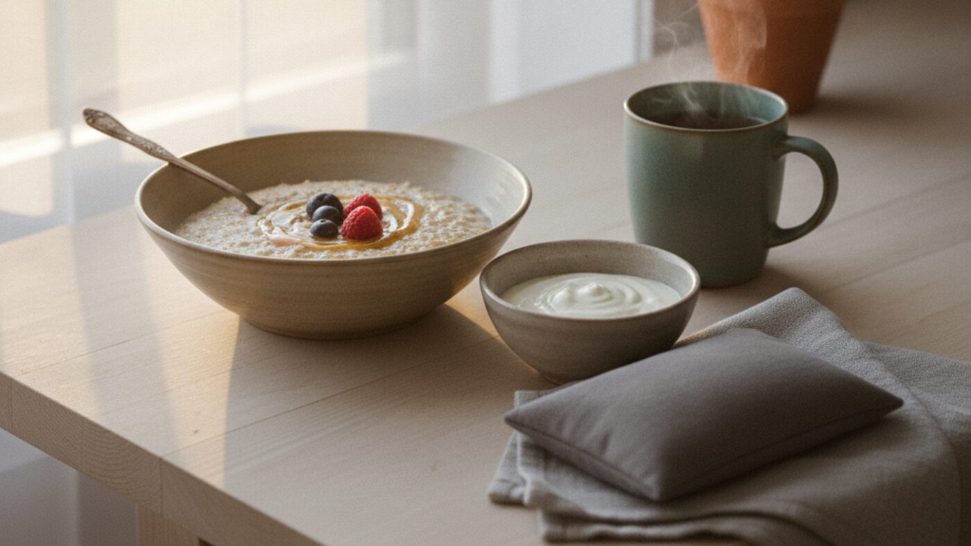Bowl of oatmeal, yogurt, a mug of tea and a fabric heat pack on a kitchen counter, simple self-care for jaw pain