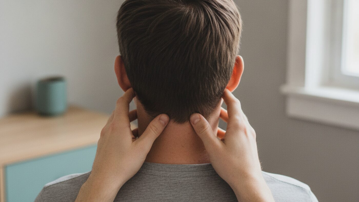 Clinician's hands gently assessing the jaw and neck muscles below a seated patient's ears