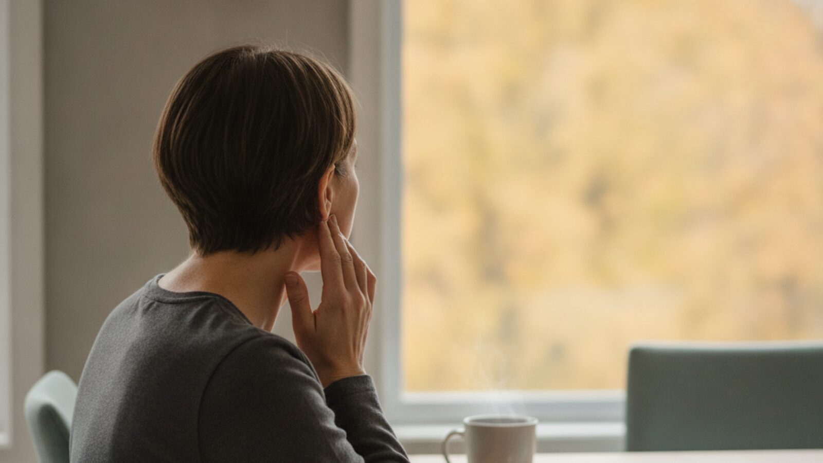 Woman at a kitchen table resting her fingertips on her jaw in front of her ear, a common spot for TMJ pain