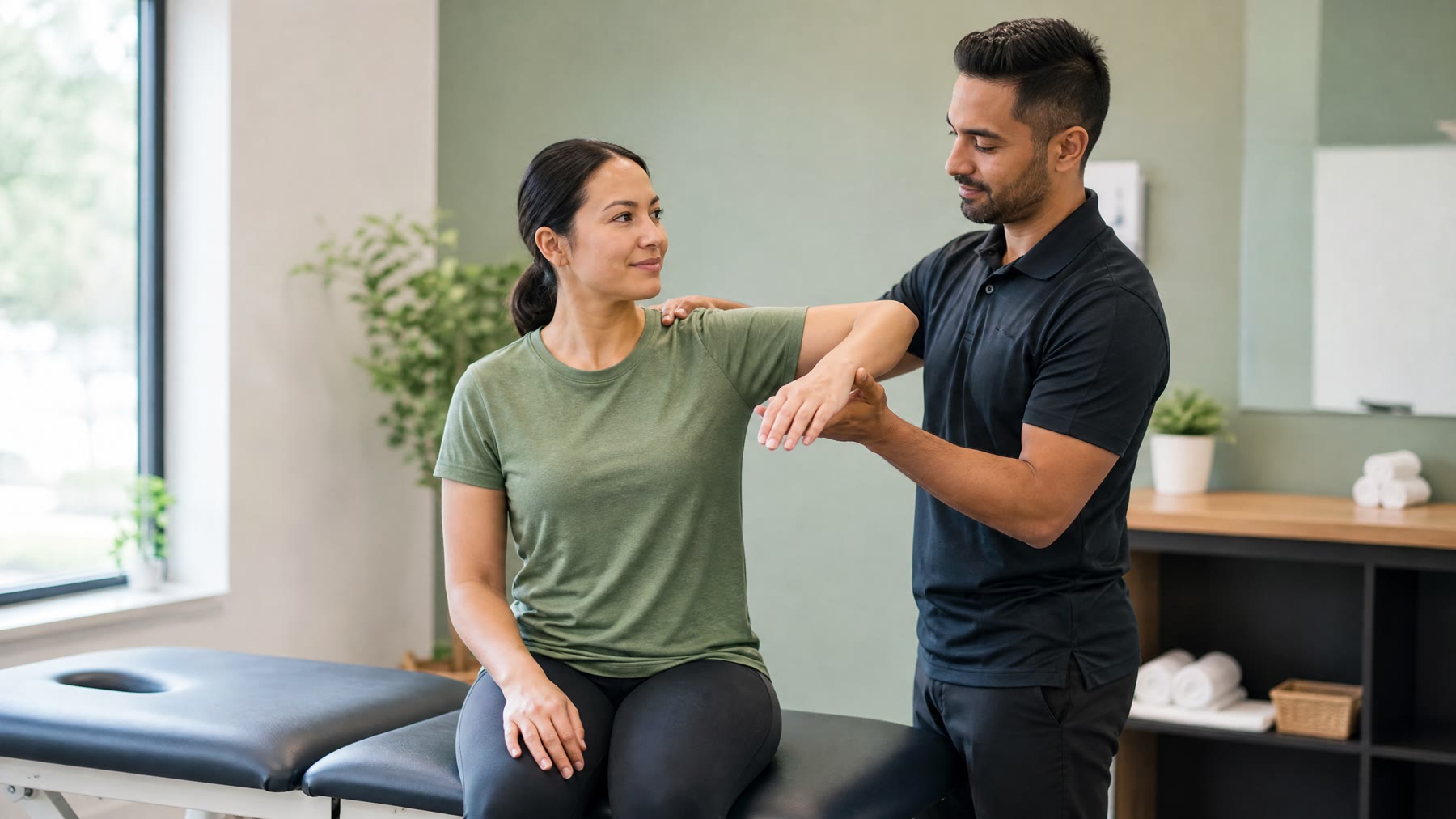 Physiotherapist guiding a patient through a shoulder assessment during a physio session