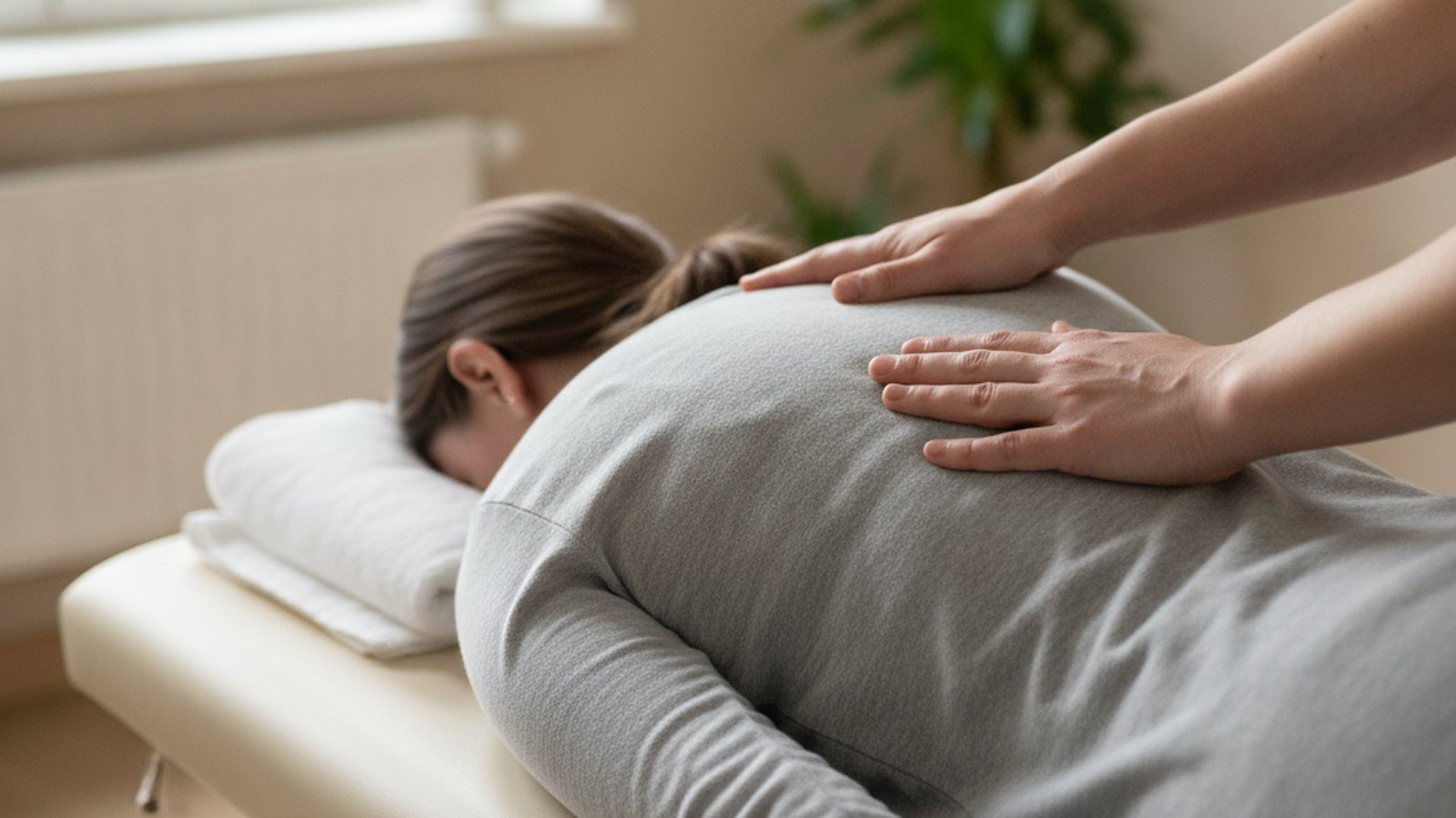 Manual therapist's hands applying gentle pressure to a patient's upper back on a clinic treatment table