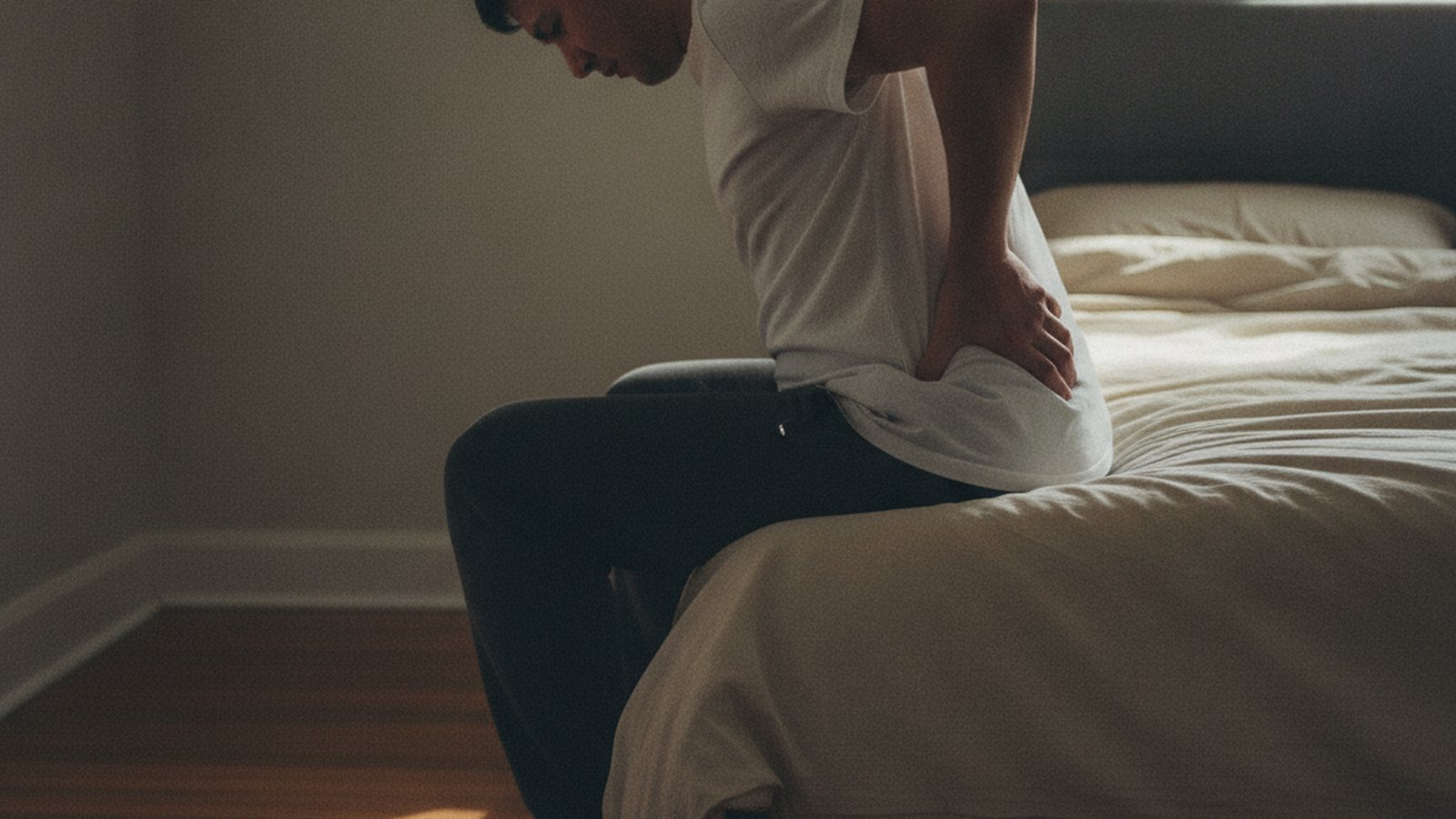 Person sitting on the edge of a bed reaching back to hold their lower back, a typical sciatic pain position