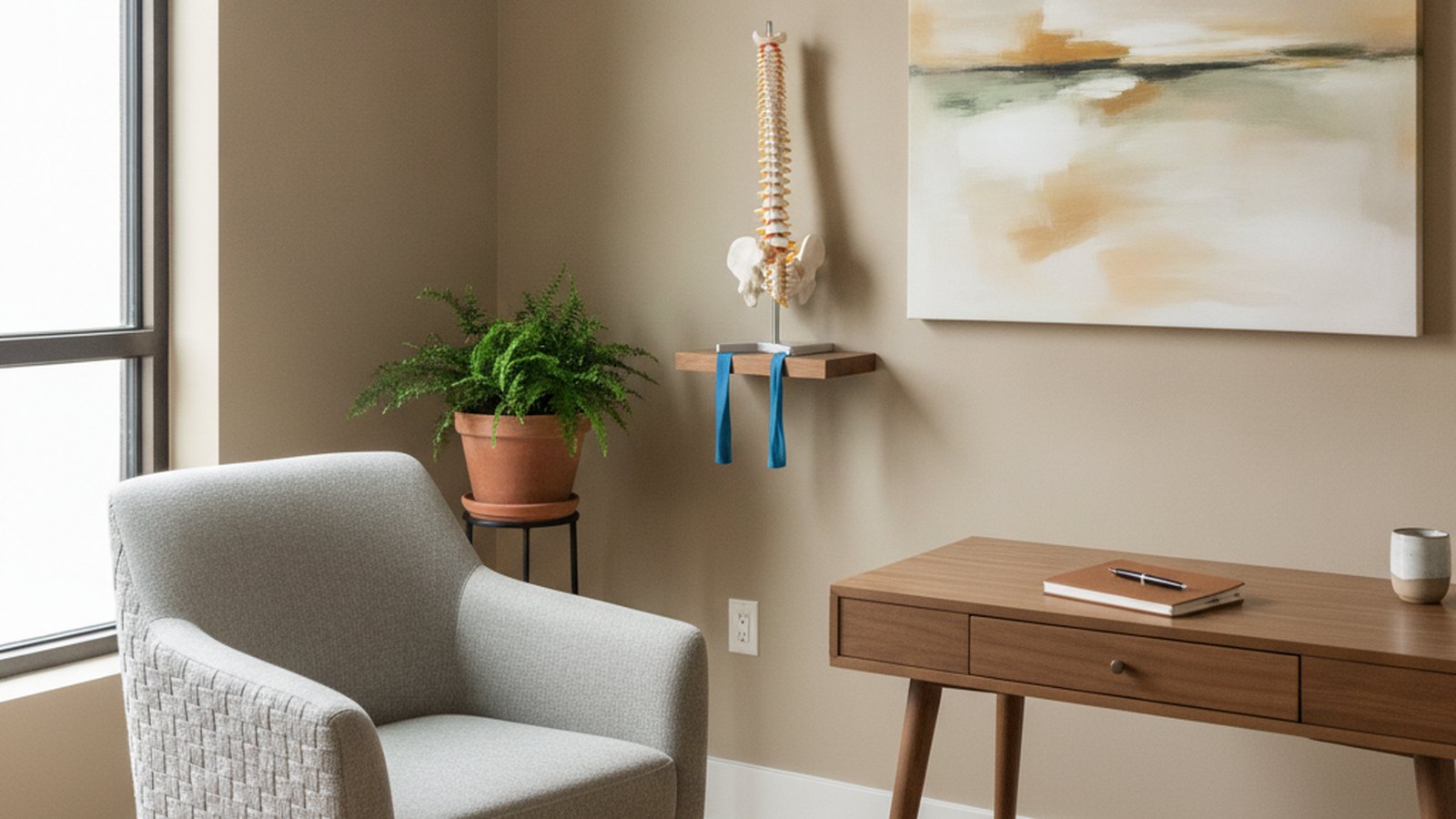 Quiet clinic consultation room with a comfortable chair, desk and an anatomical spine model