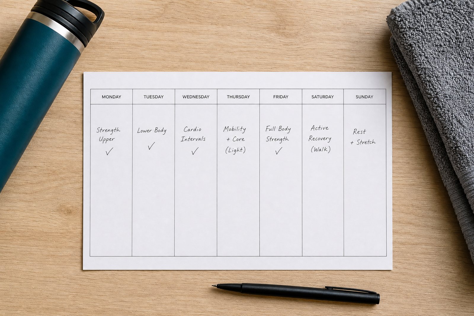 Weekly planner illustrating ideal workout frequency for beginners
