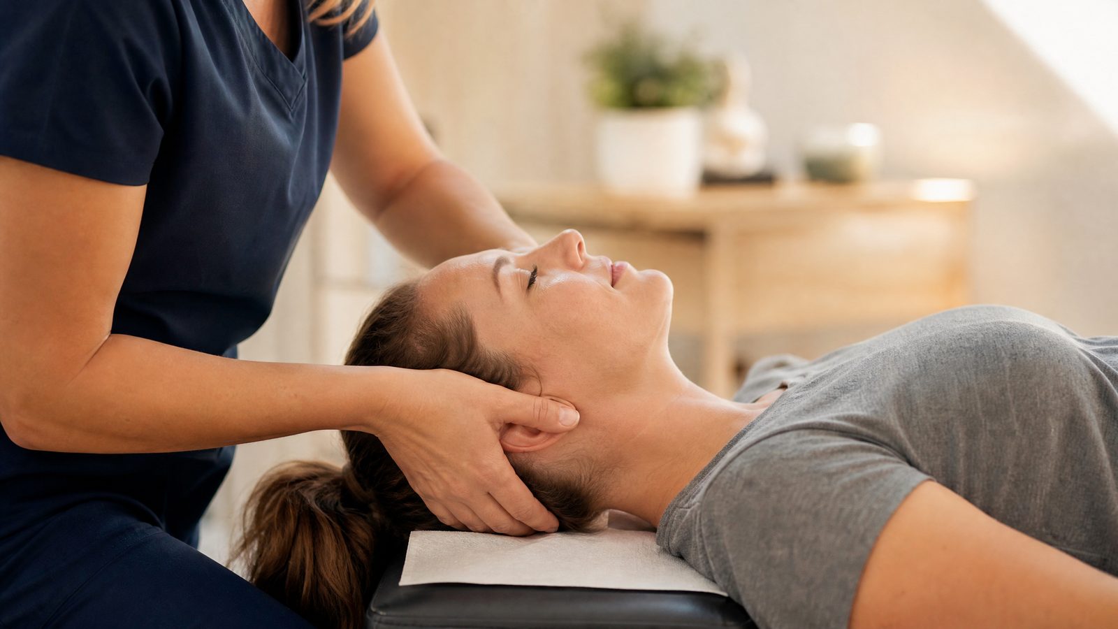 Chiropractor performing a controlled, supported cervical adjustment