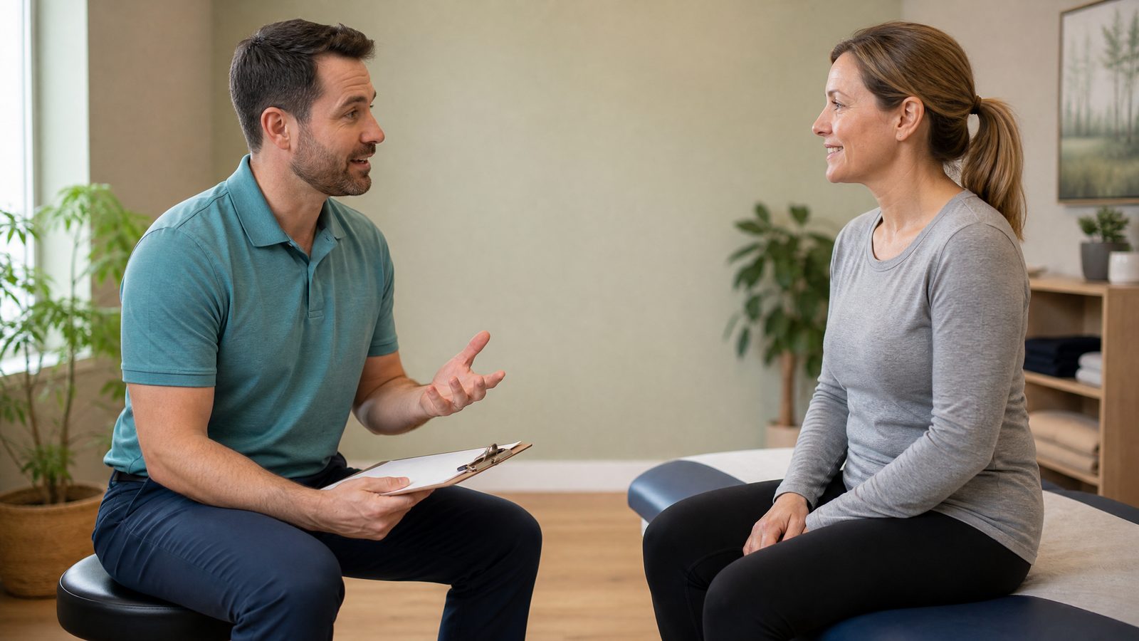Chiropractor discussing health history and findings with a first-time patient