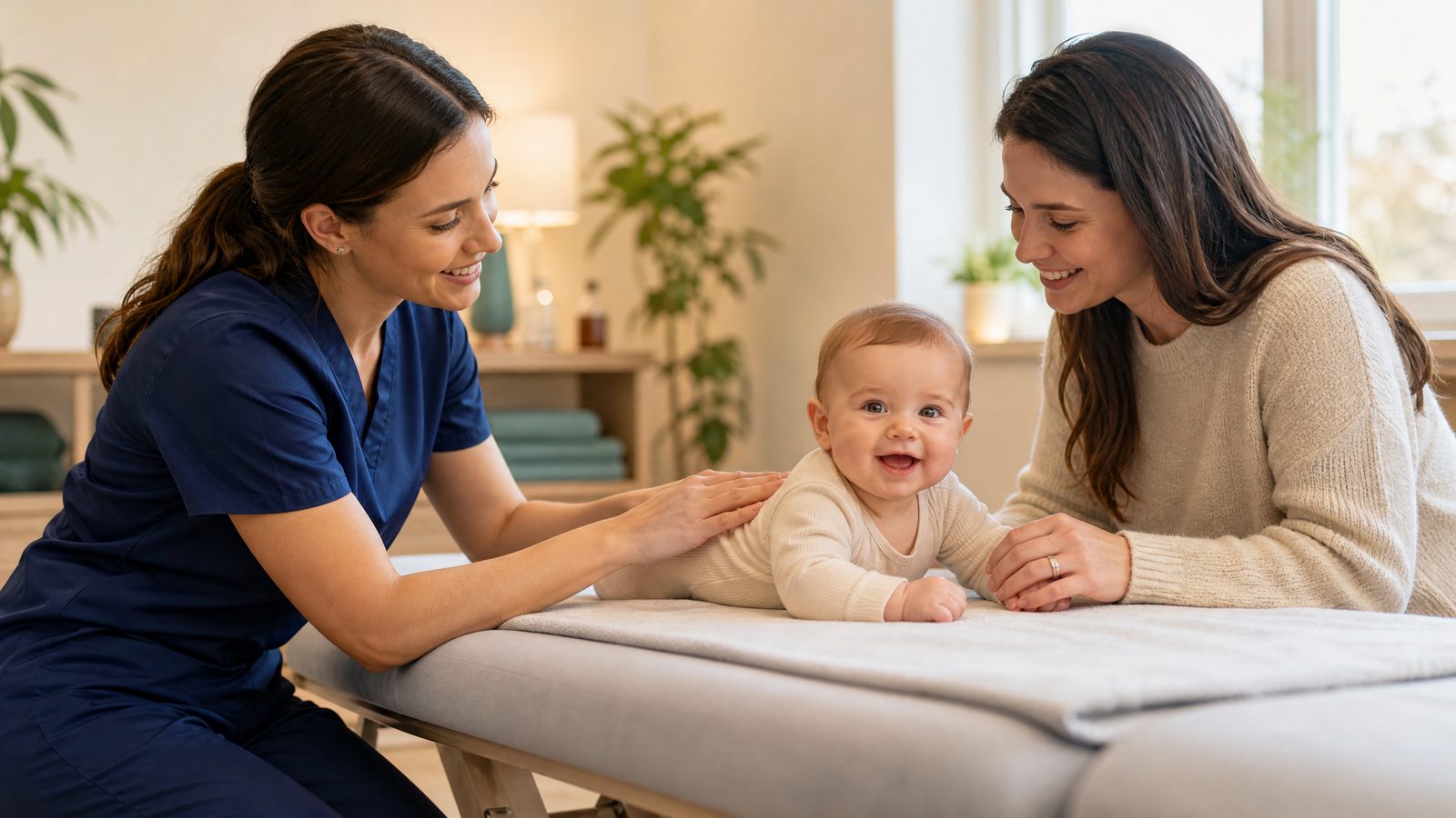 Chiropractor using gentle fingertip contact with an infant while the mother supports her baby