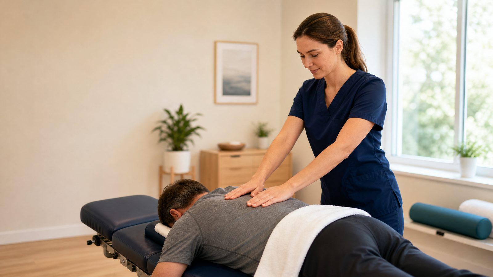 Chiropractor assessing a patient's thoracic spine at a Keswick clinic