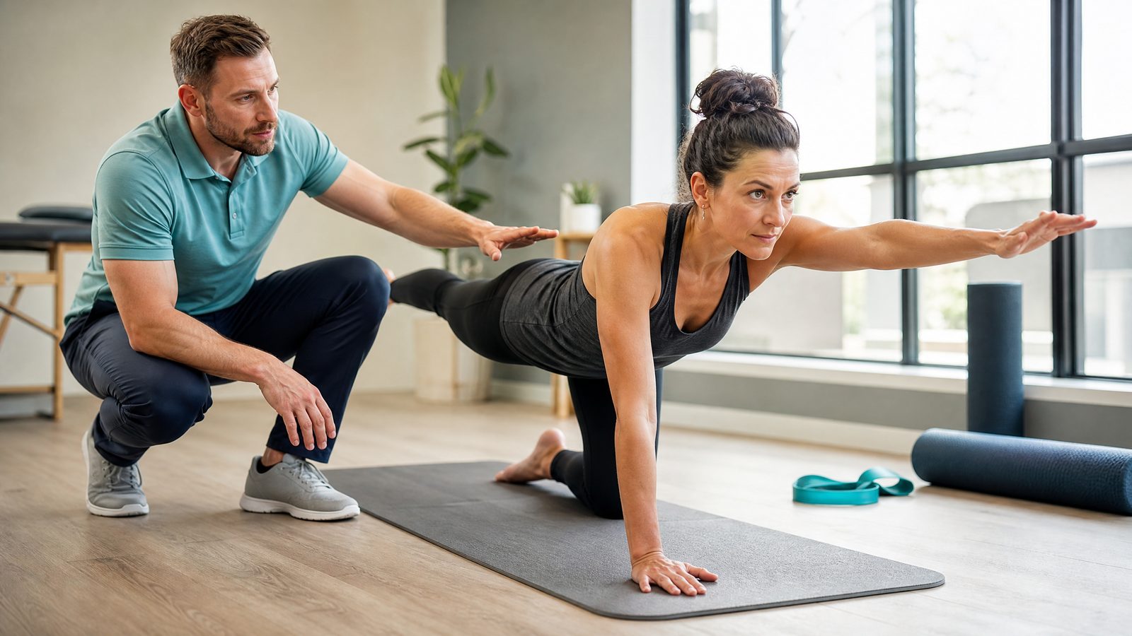 Chiropractor coaching a patient through a core stability exercise
